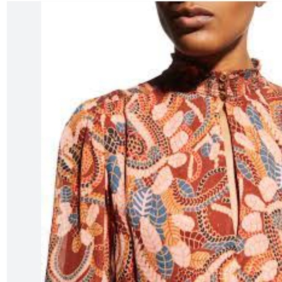 A.L.C. Silk Chiffon Metallic Thread Keyhole blouse High Neck Botanical Print - Picture 4 of 11